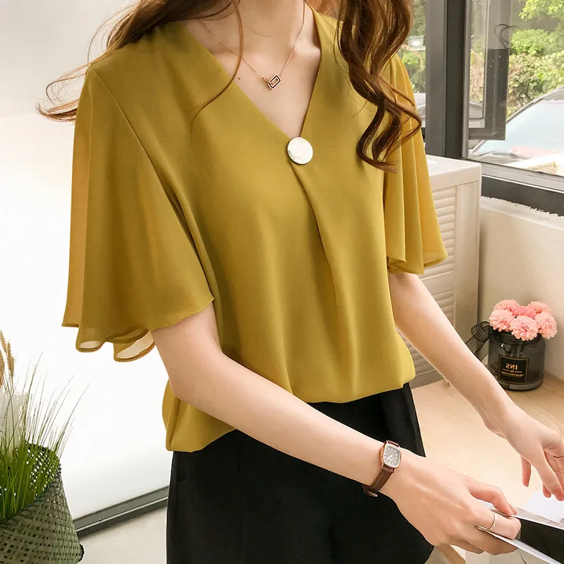 Elegant Fashion Harajuku Slim Fit Female Clothes Loose Casual Sweat All Match Tops Women Solid V Neck Insert Short Sleeve Blouse