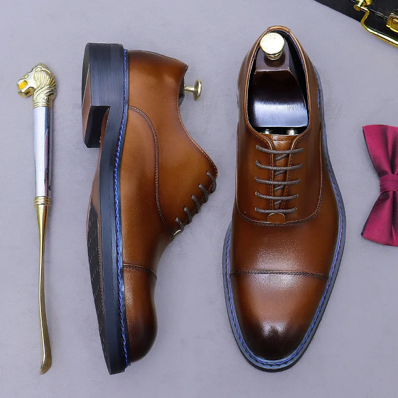 Cognac Cap-Toe Oxfords Genuine Leather Lace-Up Shoes Blue Contrast Stitching Formal Footwear for Business Meeting Daily Wear New