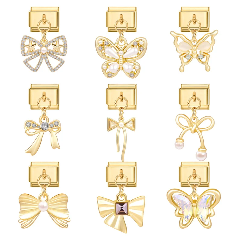 Yolorist New Italian Charm Bracelet Pendant Series Bow Pearls Personalized Assembly Charm Gold Cute Link