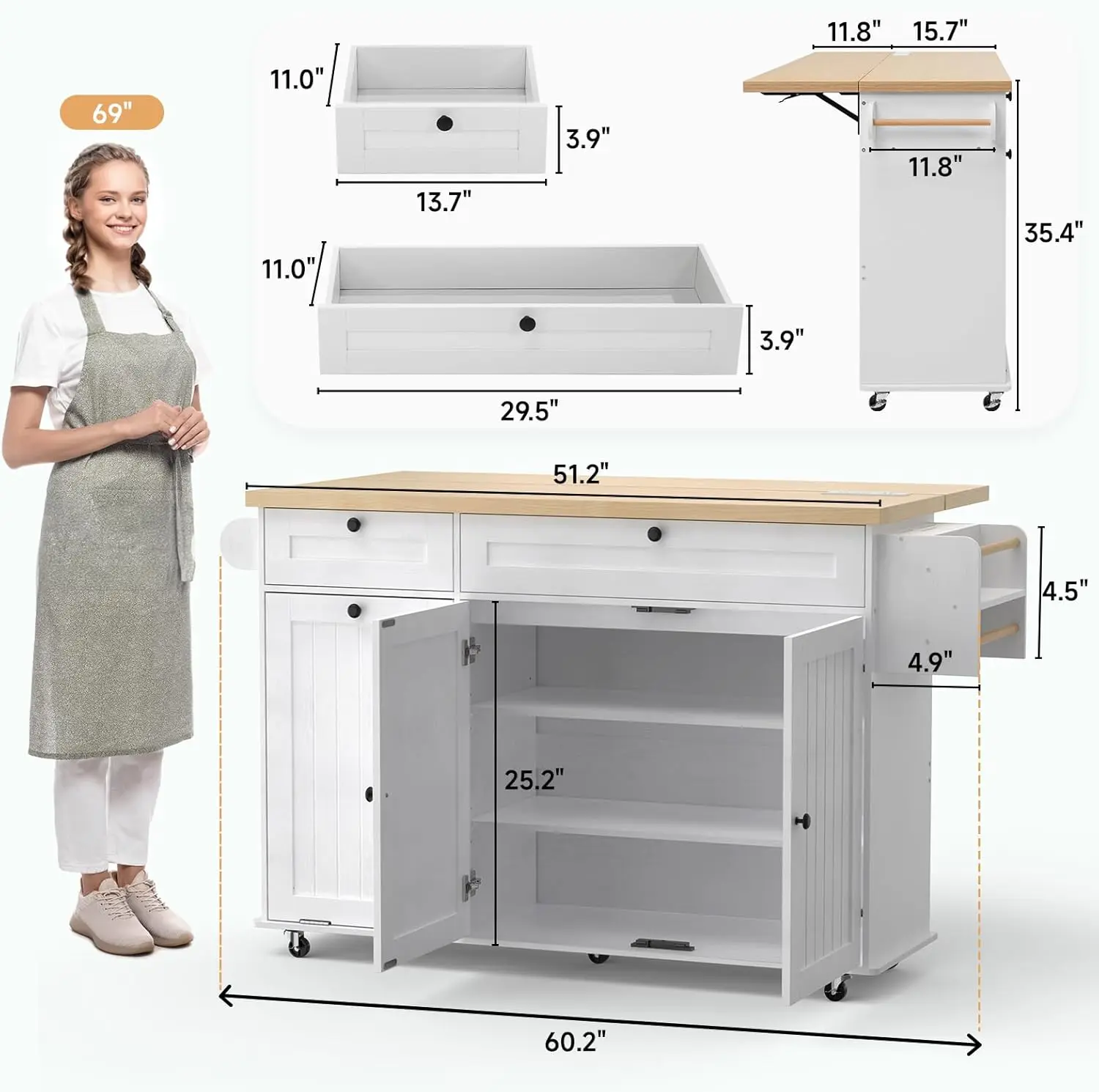 جزيرة مطبخ مقاس 60 بوصة مع مخرج طاقة وأوراق قطرة، جزيرة دوارة للمطبخ مع رف توابل ورف منشفة، حامل سكاكين