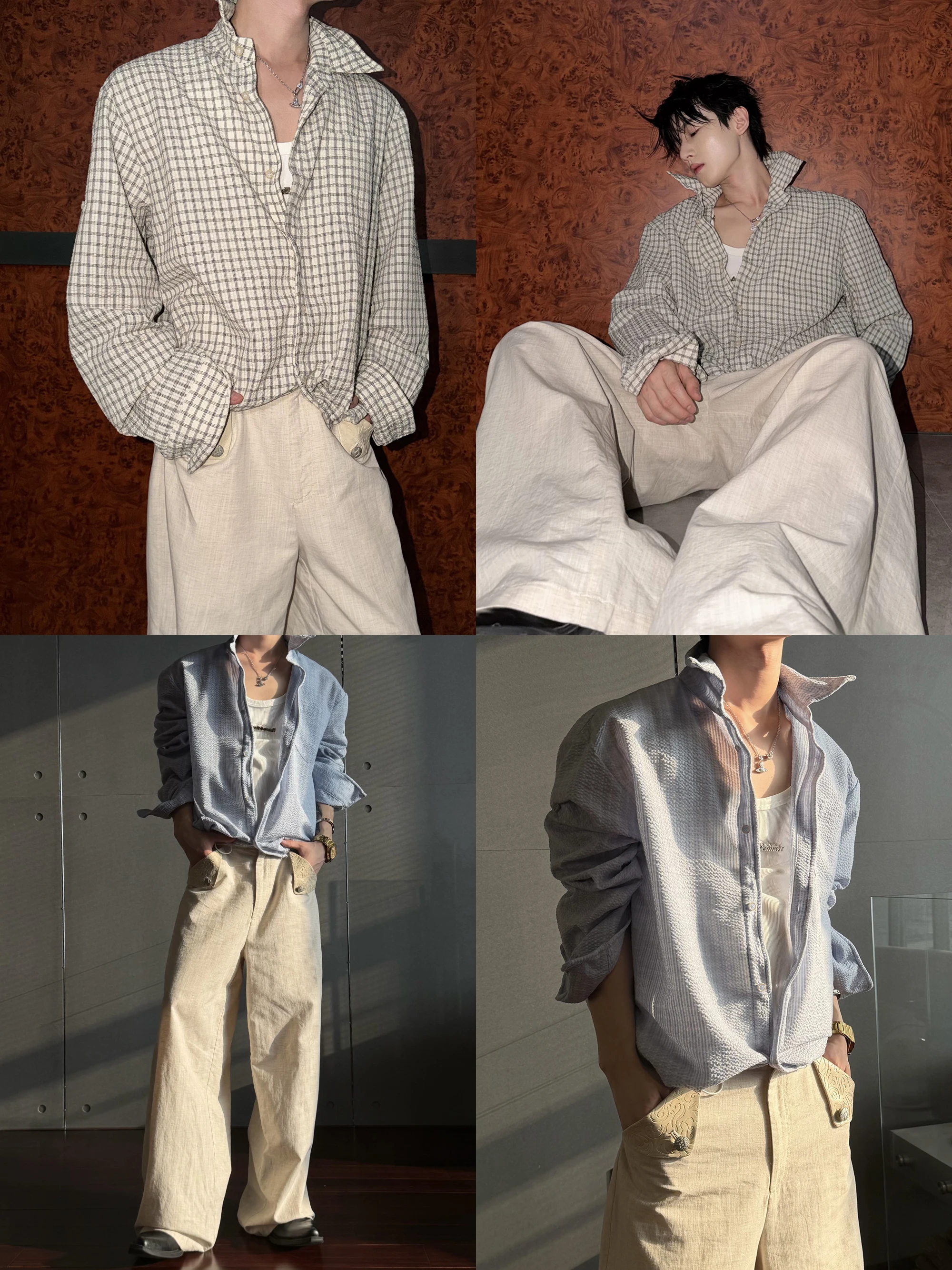 Argue Air Folded Texture Plaid Shirt Waist Cinching Long Sleeve Outerwear Drawstring Hem Design Casual Style Cotton Polyester...
