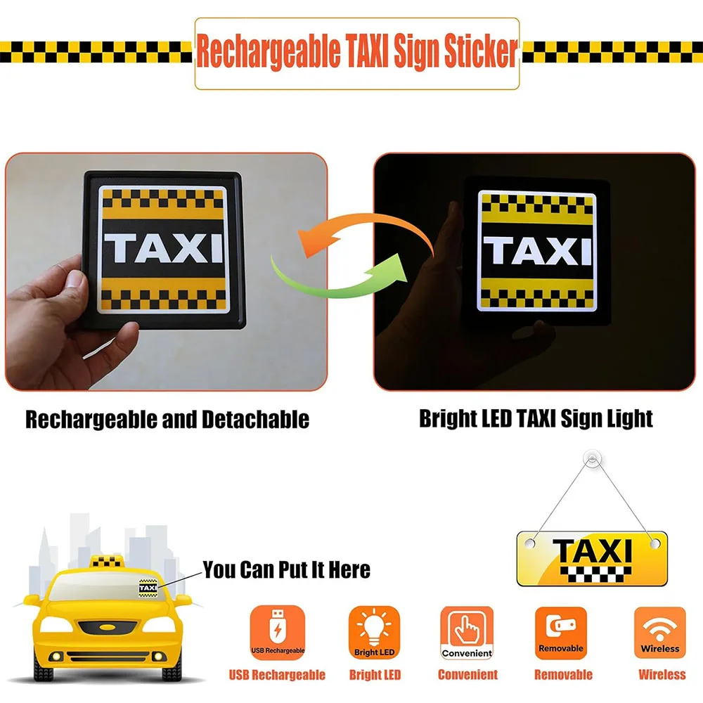 Rechargeable Taxi Sign Sticker for Windshield Placard,Removable Bright LED Taxi Sign Light,Comes with A Mounting Bracket view 3