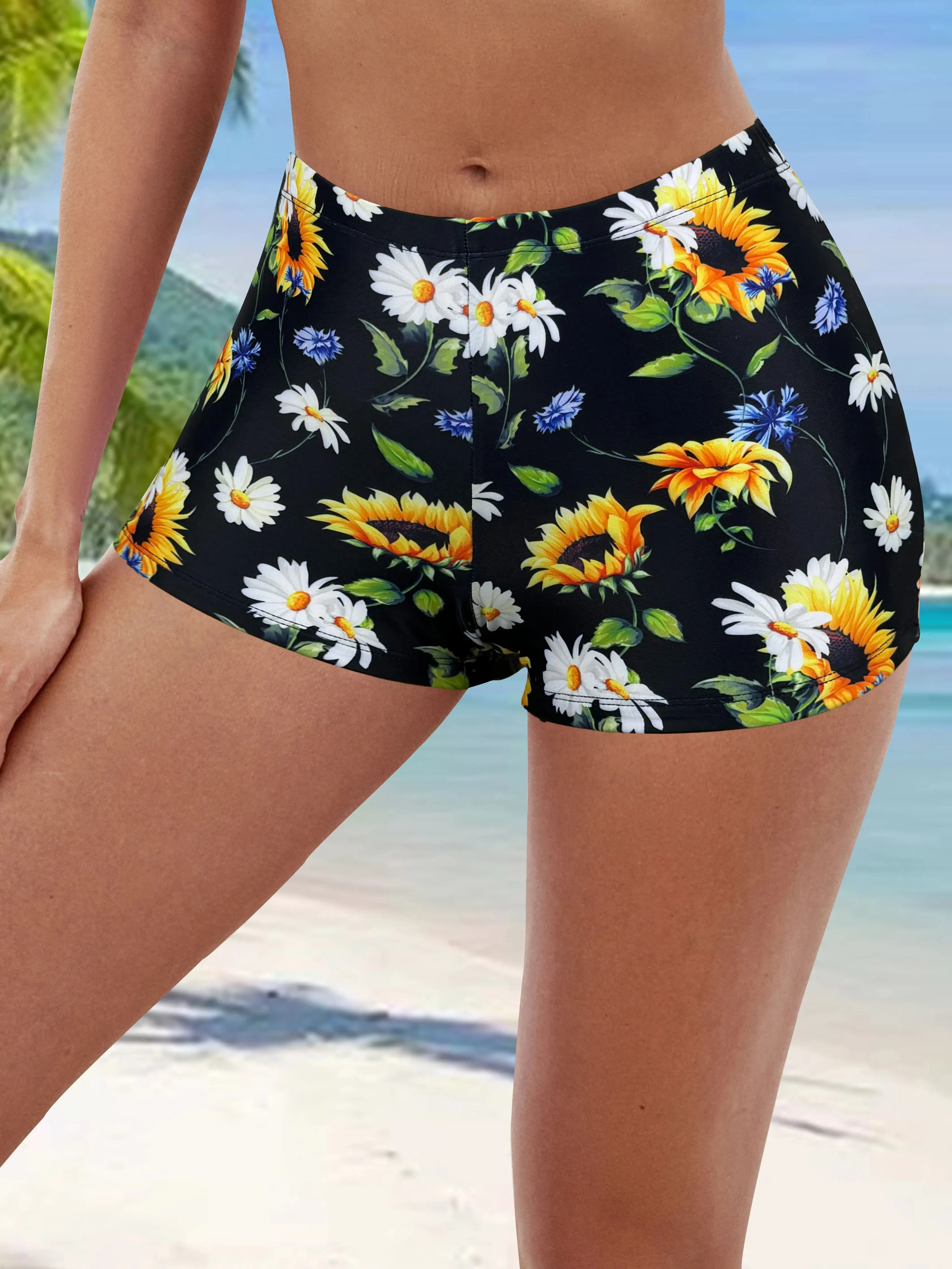 Sunflower Print Fashion Swim Shorts, Slim Fit High Stretch Beach Bottoms, Women\'s Swimwear & Clothing