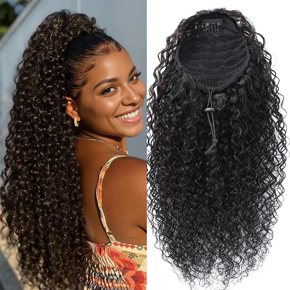 Kinky Curly Drawstring Ponytail Human Hair Clip In Hair Extensions 10-30 