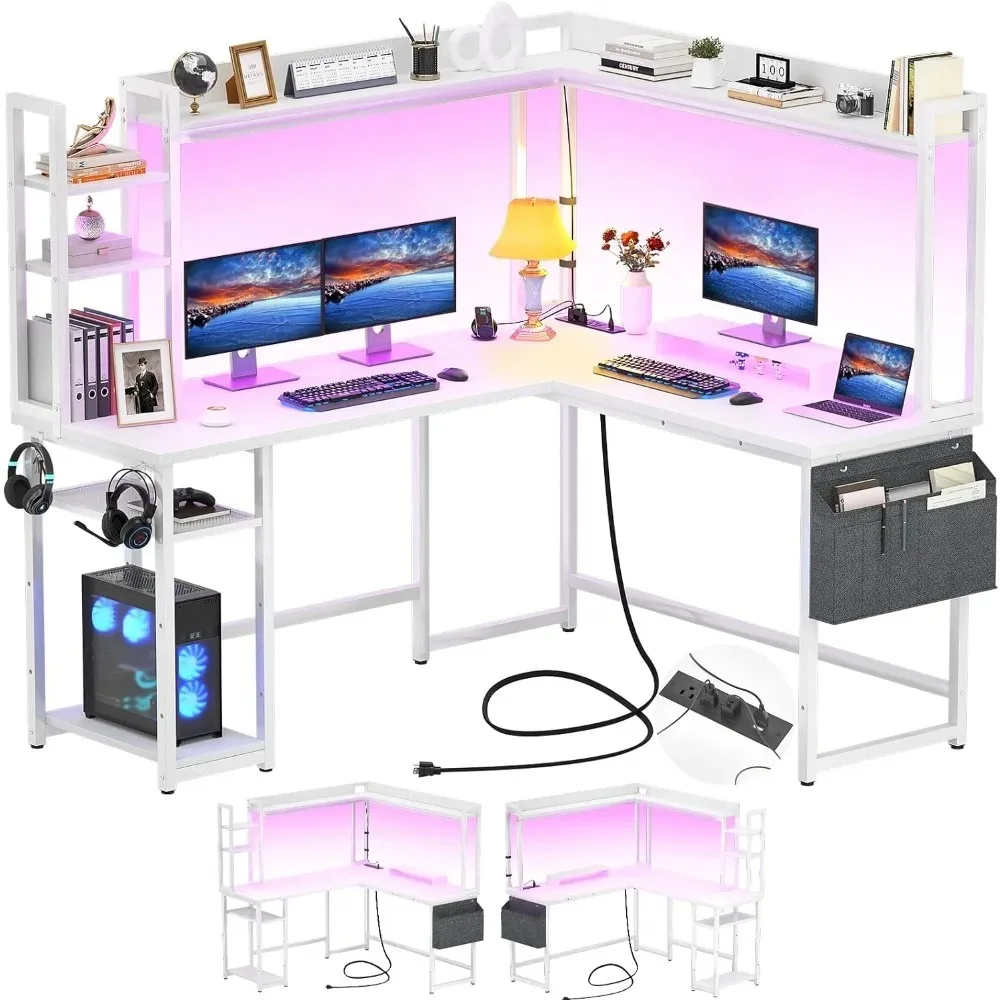 

L Shaped Desk with Power Outlet, L Shaped Gaming Desk with Led Light & Hutch, Reversible Home Office Desk,