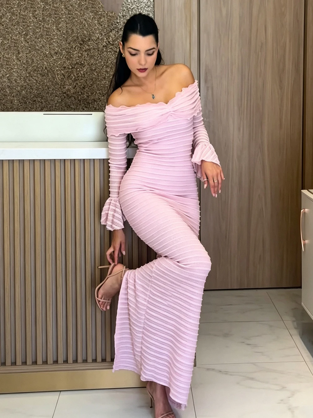 Modphy Knit Hollow Out Female Slash Collar Long Dress Flared Sleeve Solid High Waist Commute Knitwear Maxi Dress Women'S