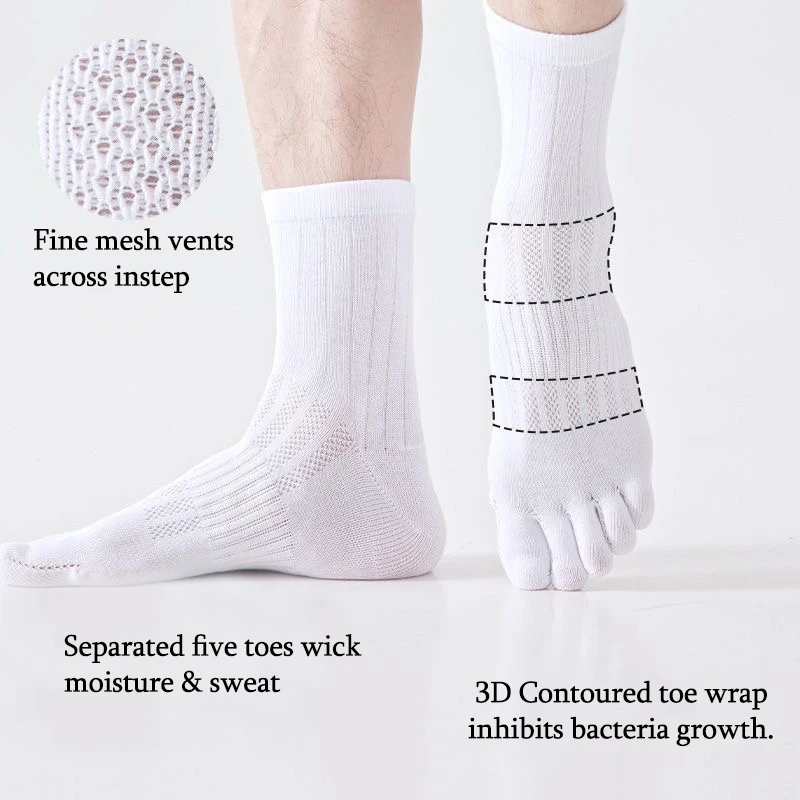 3/5 Pairs Men's Cotton Five Toe Crew Socks Antibacterial Deodorant Color Block Athletic Running Sports Separate Toe Socks