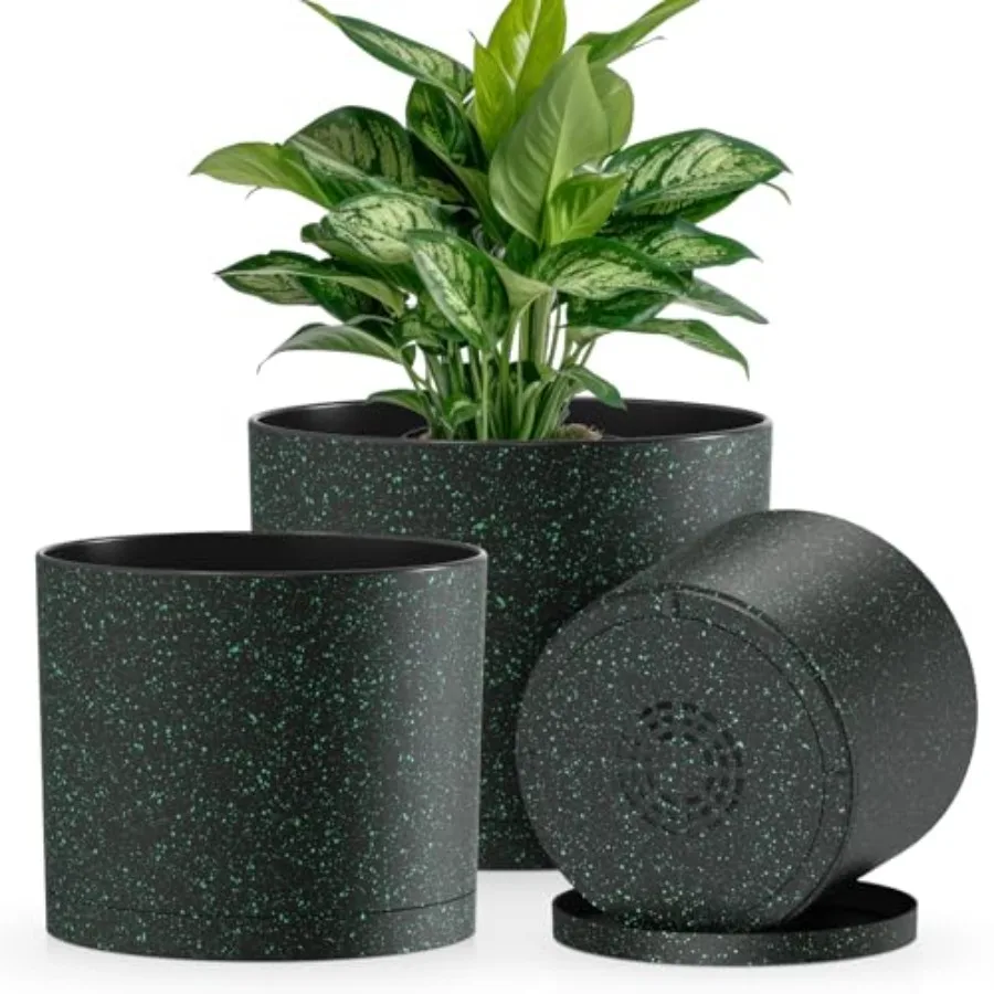 

Plant Pots, 10/9/8 Inch 3 Pack Cylindrical Flower Pots with Drainage Holes and Saucers, Plastic Planters for Outdoor Indoor Pla