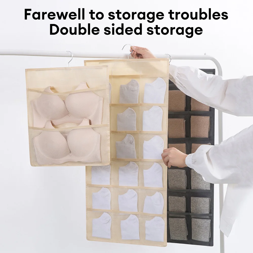 Double-sided Hanging Bag Folding Clothing Storage Bag Clear Socks Bra Underwear Rack Hanger Storage Bags Organizer for Wardrobe