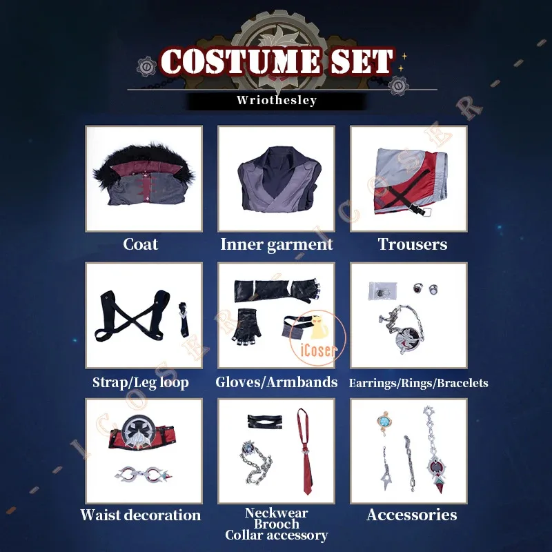 Peruka do Cosplayu Wriothesley Genshin Impact Uniform Fontaine Fortress of Meropide Kolczyki Pierścień Halloween Party dla Kobiet i Mężczyzn