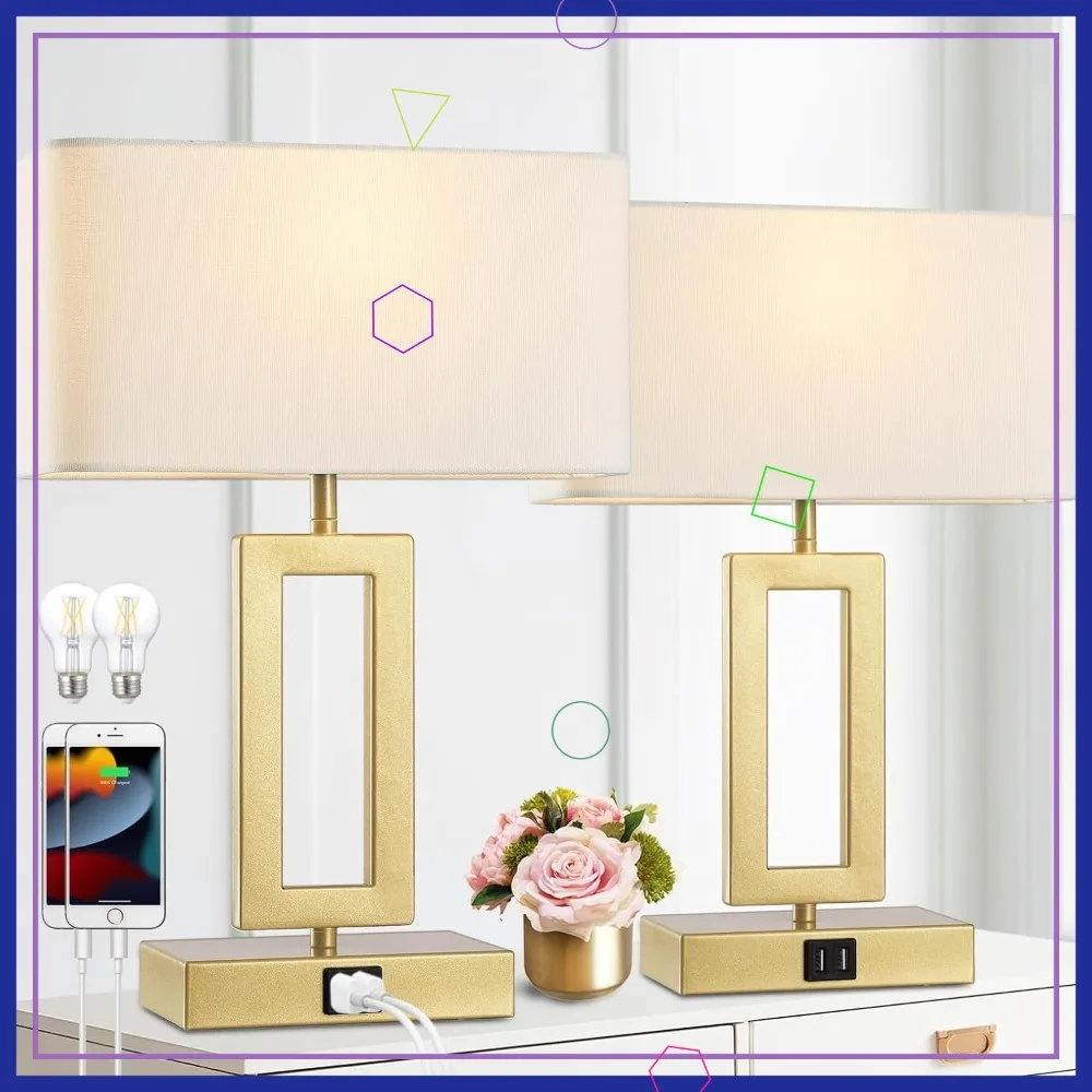 

Set of 2 Modern Gold Table Lamps with Dual USB Ports, Dimmable Touch Control for Bedroom and Living Room, LED Bulbs Included