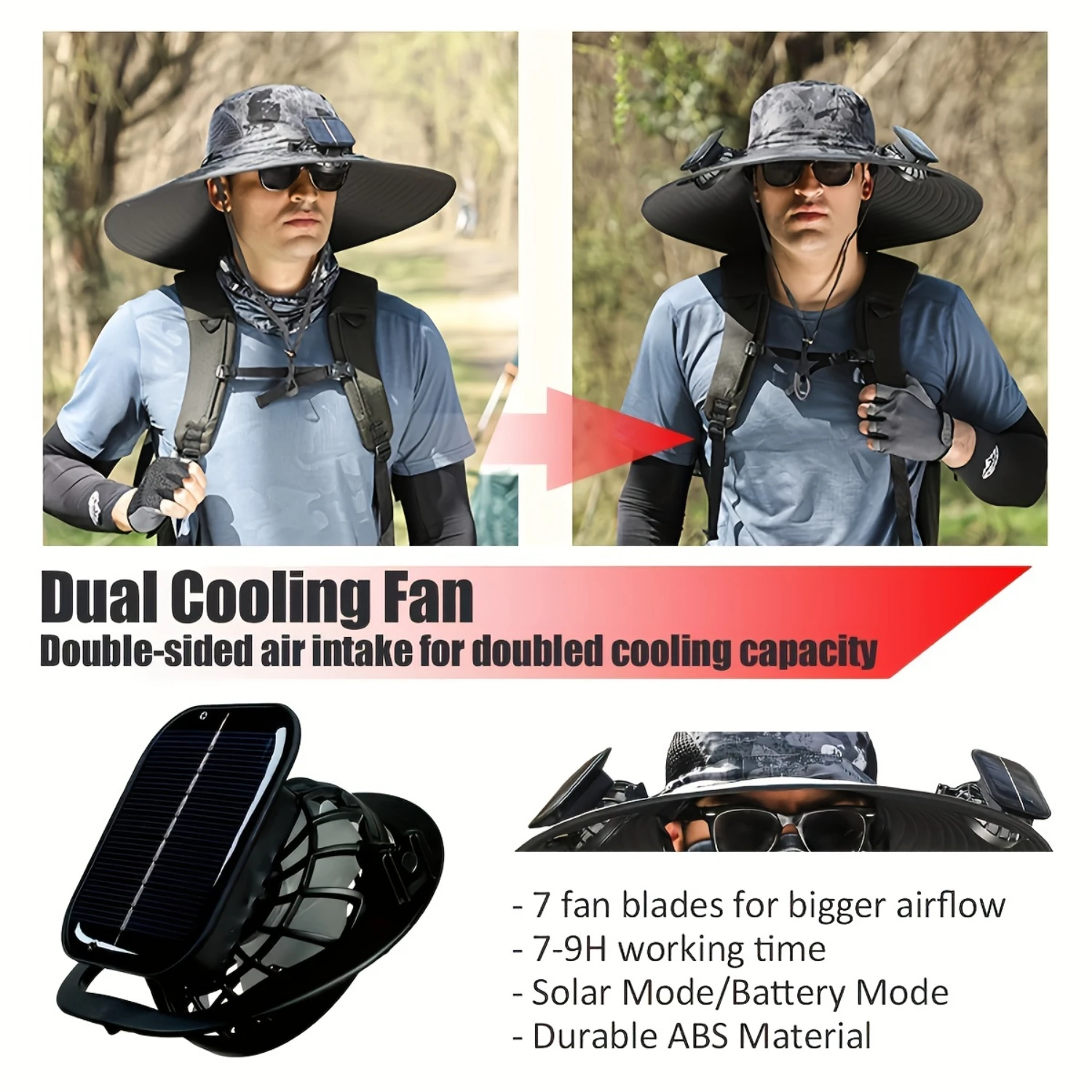 2024 New Solar Fan Outdoor Fishing Hat-Solar USB Charging Sunscreen Sun Hat with Fan Solar Fan Hat Double Power Fans Outdoor Fan