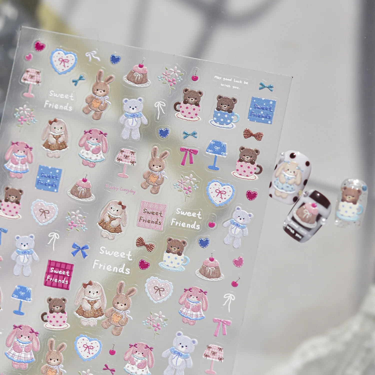 Retro Cartoon 5D Nail Stickers Fabric Textured Bear Lop‑Eared Rabbit Cake Table Lamp Bow Self‑Adhesive Nail Art Decor Sweet DIY