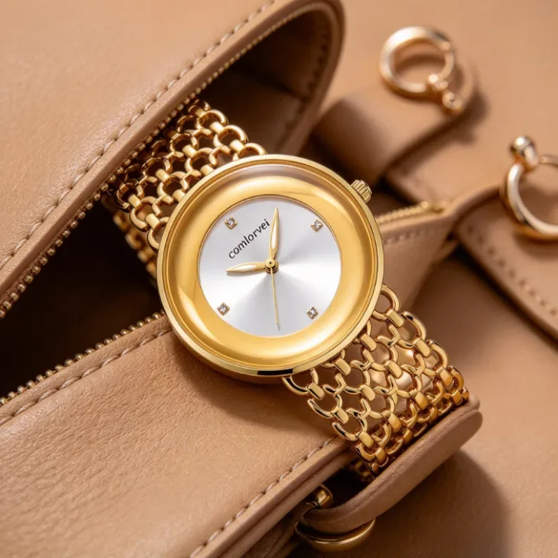 comlorvei Women's Quartz Wrist Watch, Large Round Concave Case Hollow Chain Bracelet Watch, Minimal Rhinestone Dial Fashion Ladi