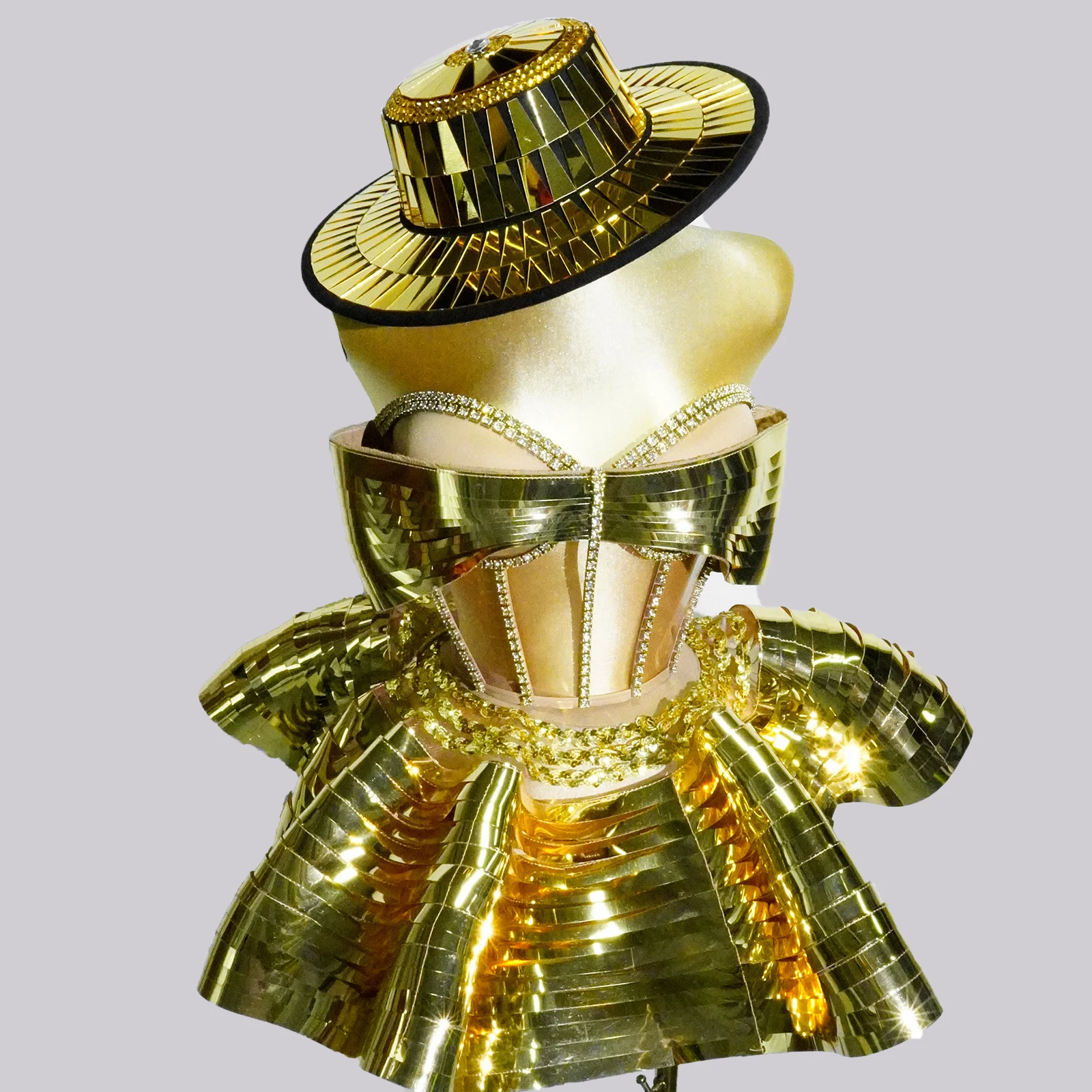 Glitter Golden Crystal Mirror Dress Jazz Hat Gogo Dance Drag Stage Outfit Women's Costume Show NightClub Fantasia Evening Party