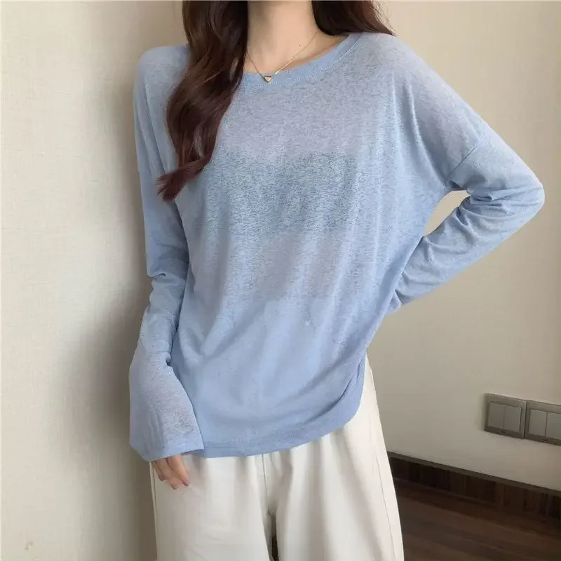 Camisetas transparentes femininas soltas moda coreana verão à prova de sol lazer ajuste limpo all-match manga longa respirável preguiçoso ulzzang