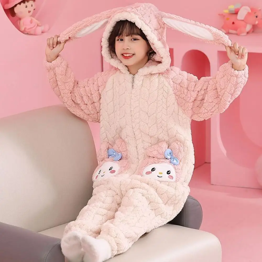 الشتاء Kawaii Kuromi ميلودي الاطفال أفخم بذلة منامة أنيمي سانريو الكرتون فتاة عادية المضادة للركلة ملابس منزلية دافئة ملابس نوم لطيف