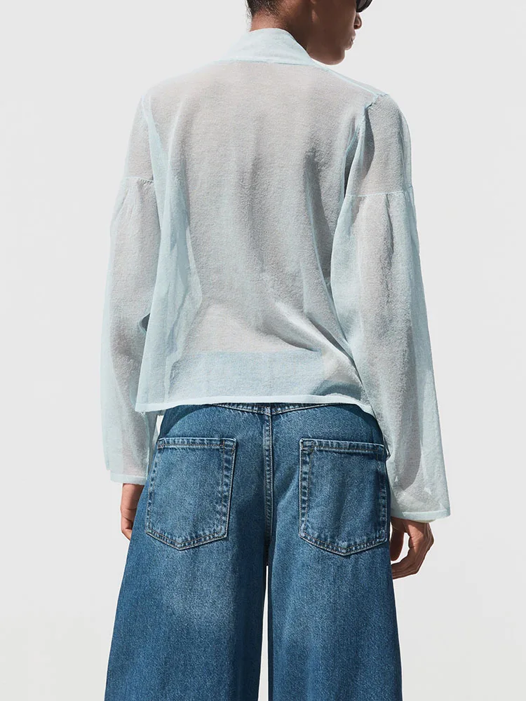 New Summer Women's Long Sve Knitted irt  Knot Decorated Versatile f Transparent Commute Sle Faionable La...