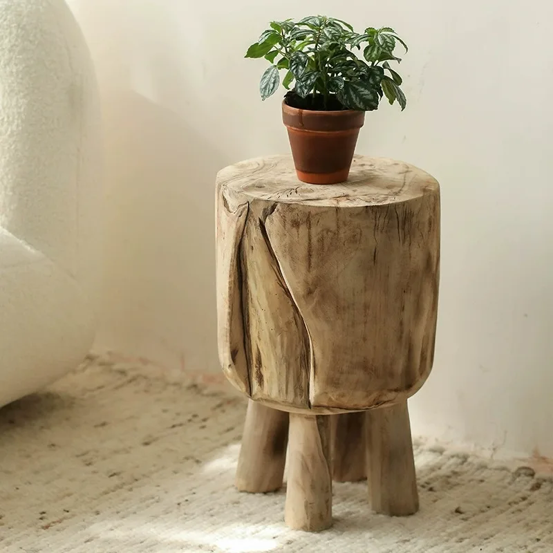 Wabi-sabi Vintage Wood Stool for Living Room Log Wooden Chair Nordic Decor Furniture Side Table Rustic 4 Legs Step Stool Bench