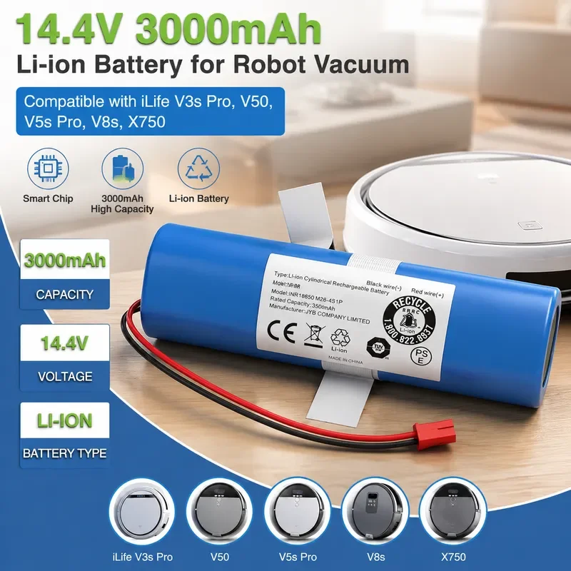 14.8V 3500mAh Lithium Battery Replacement for ILIFE V3s Pro V50 V5s Pro V8s V80 Max B5 Max S5 Pro X750 Robot Vacuum Cleaner