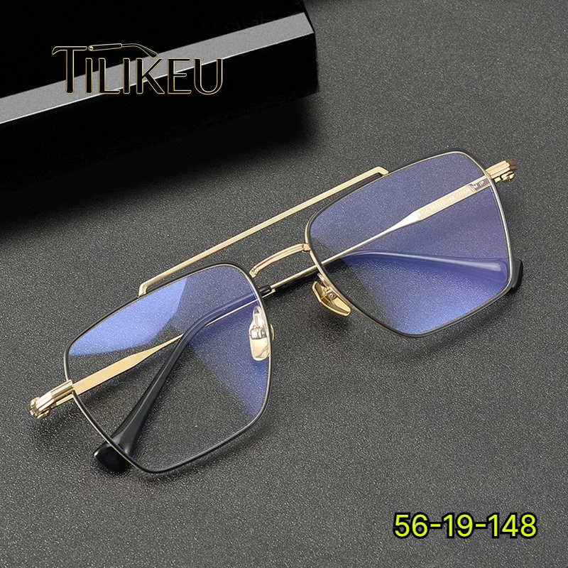 New Vintage Pure Titanium Double Bridge Eyeglasses Frames Men Business Ultra Light Large Frame Pilot Square Glasses Eyewear Gafa