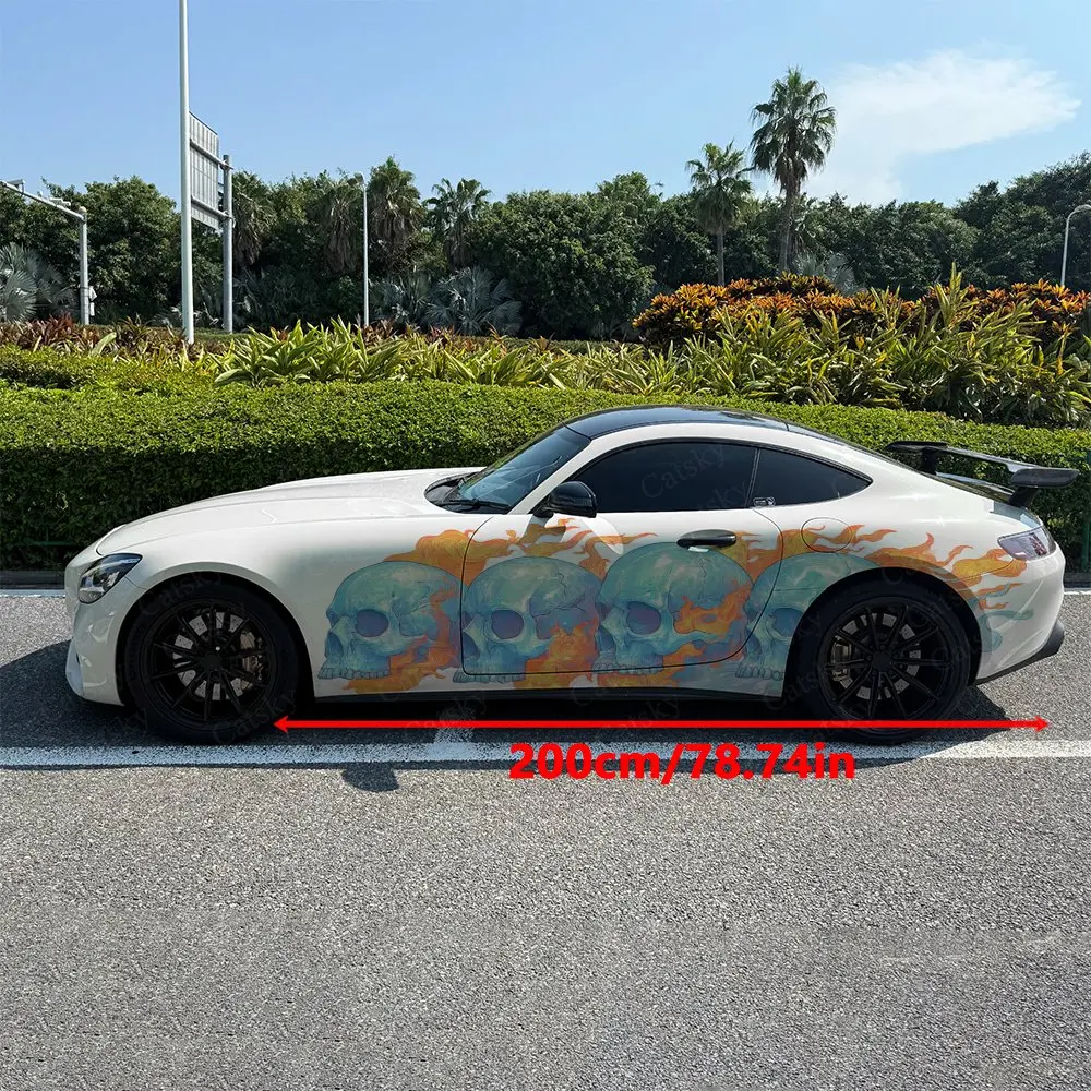2pcs Skeletons Warm Orange Flame Car Side Wraps, Self-Adhesive PVC Waterproof & Scratch-Resistant Stickers, Car Accessory Gift