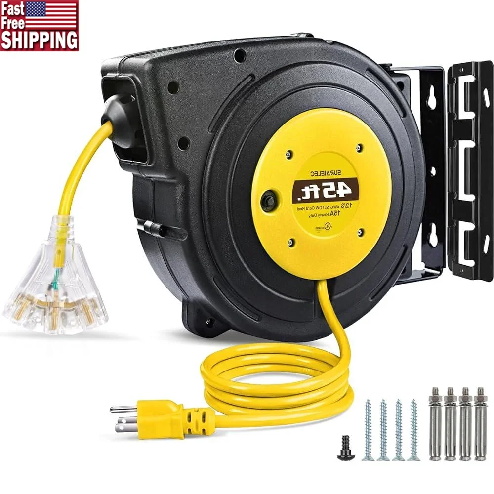 

Durable 12AWG Extension Cord Reel 45FT Retractable Power Cable with 15A Breaker Easy Mount Tangle Free Auto Rewind System 180