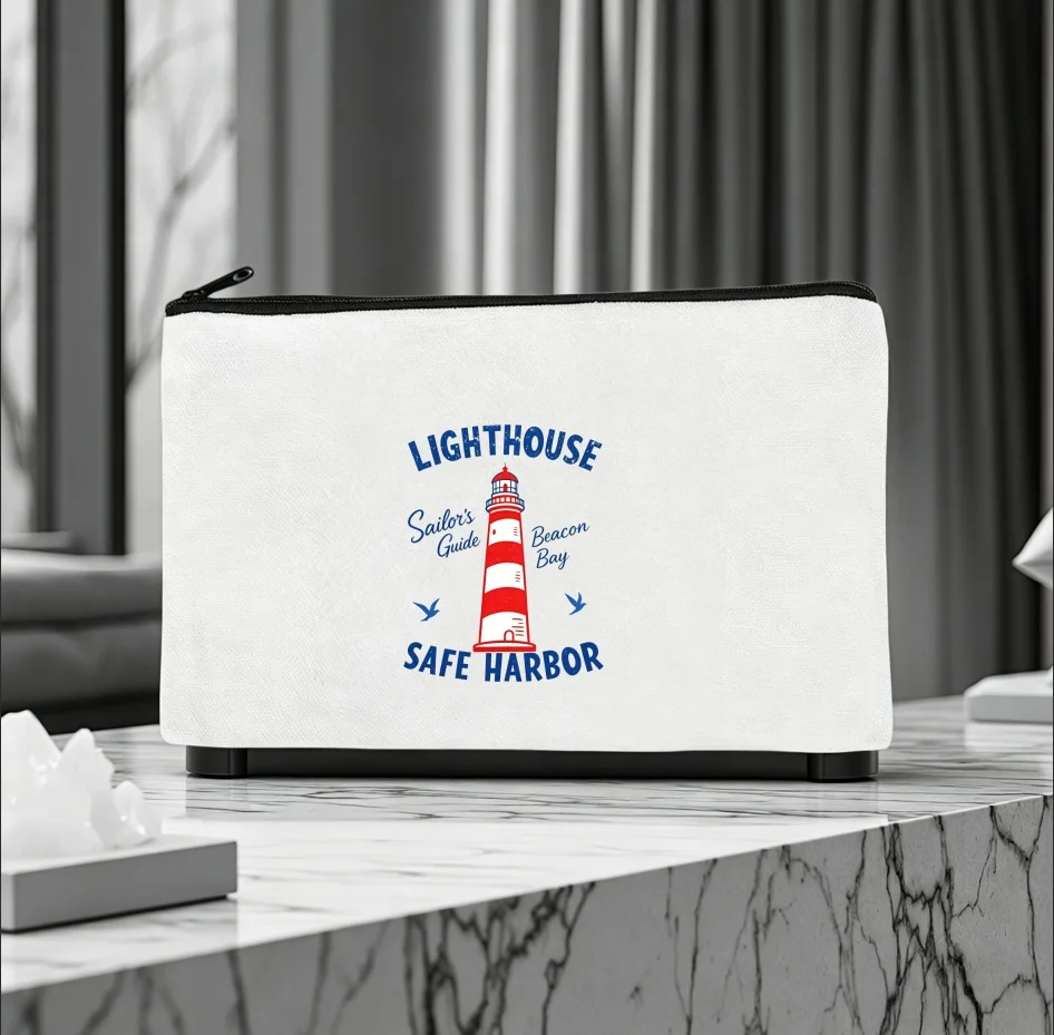 1PC Lighthouse Safe Harbor Cosmetic Bag Nautical Sailor Seagull Print Zipper Canvas Travel Makeup Storage Pouch Gift