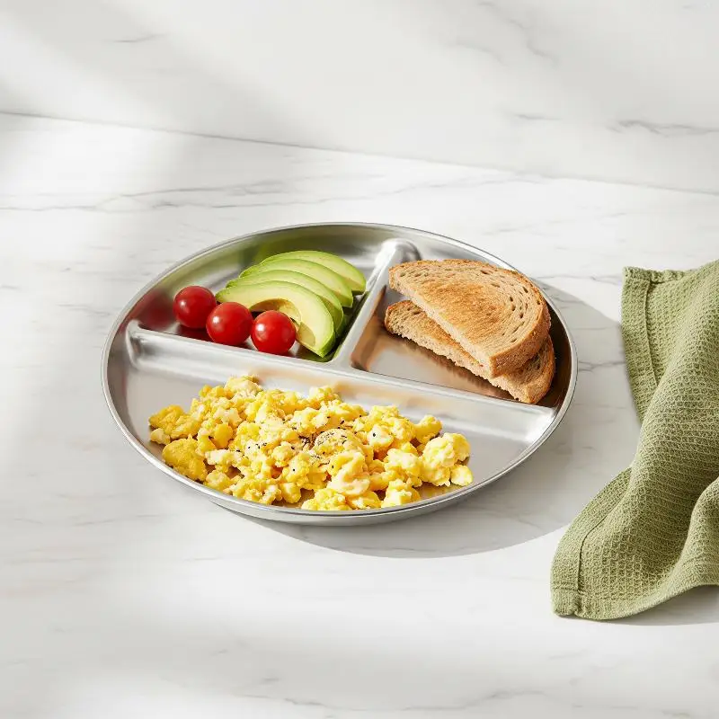 Food Grade Stainless Steel Round Dinner Plate 23CM 3 Grid Durable Serving Tray 1/3Pcs for Outdoor Camping Picnic Use
