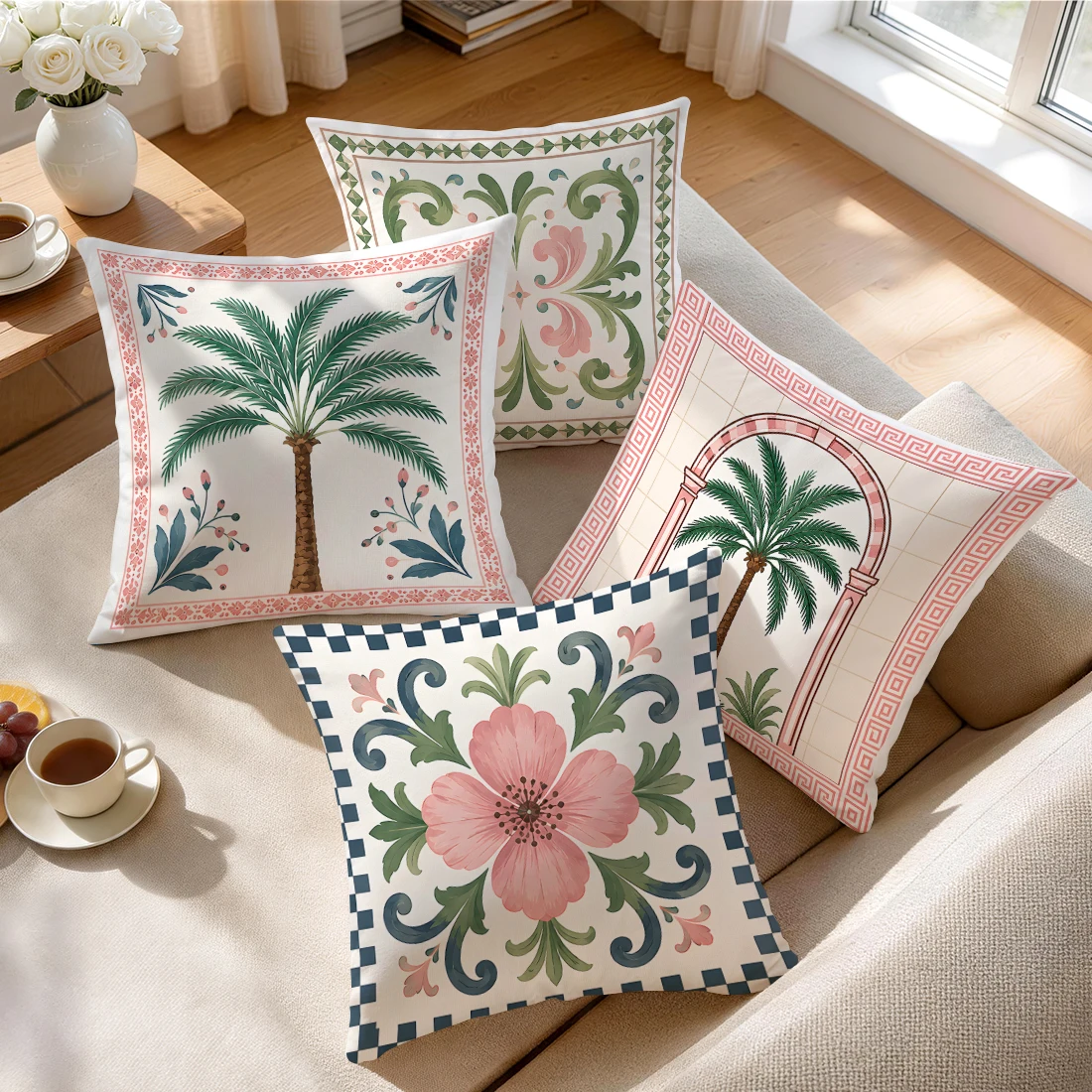 Mediterranean Palm Tile In Pink Tones Cushions Pillowcase Polyester Cushion Cover Throw Pillow Pillowcover Home Car Sofa Decor