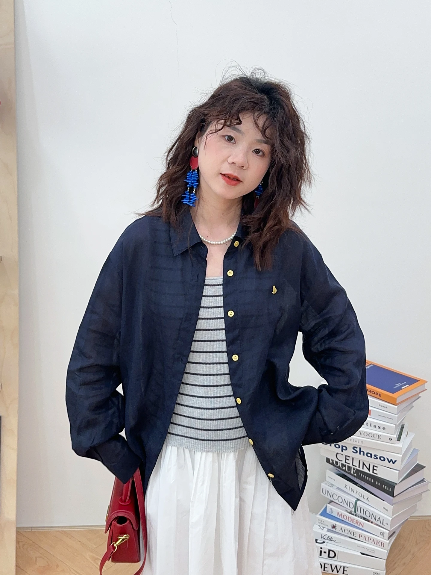 

High-End Color Block Single Button Flax Shirt Korean Style Commute Loose Fit Long Sleeve Women's Open Cardigan Skincare Breat...