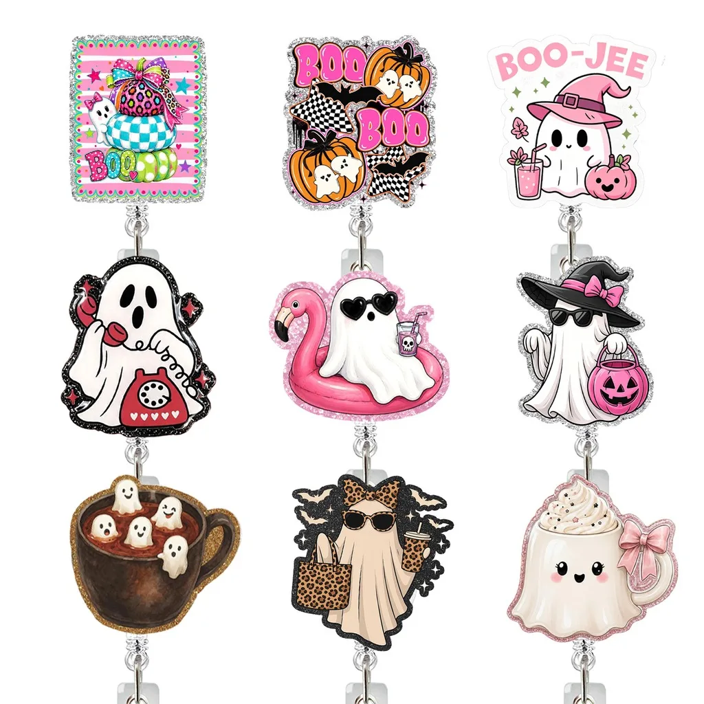 Cute Halloween Ghost Pumpkin Pattern Retractable ID Badge Reel Acrylic Badge Holder with Metal Clip for Office Medical Staff