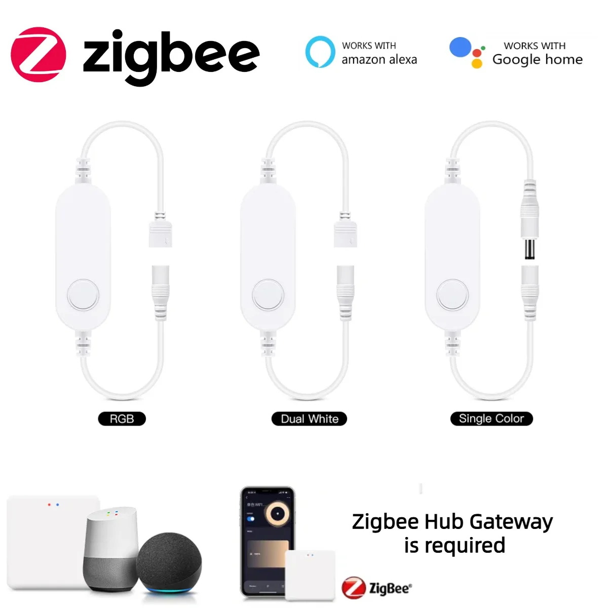 

Светодиодный контроллер Zigbee 3,0 DC12V-24V RGB/CCT/одноцветный шлюз Zigbee Hub Требуется Поддержка Alexa Google Home APP Голосовое управление