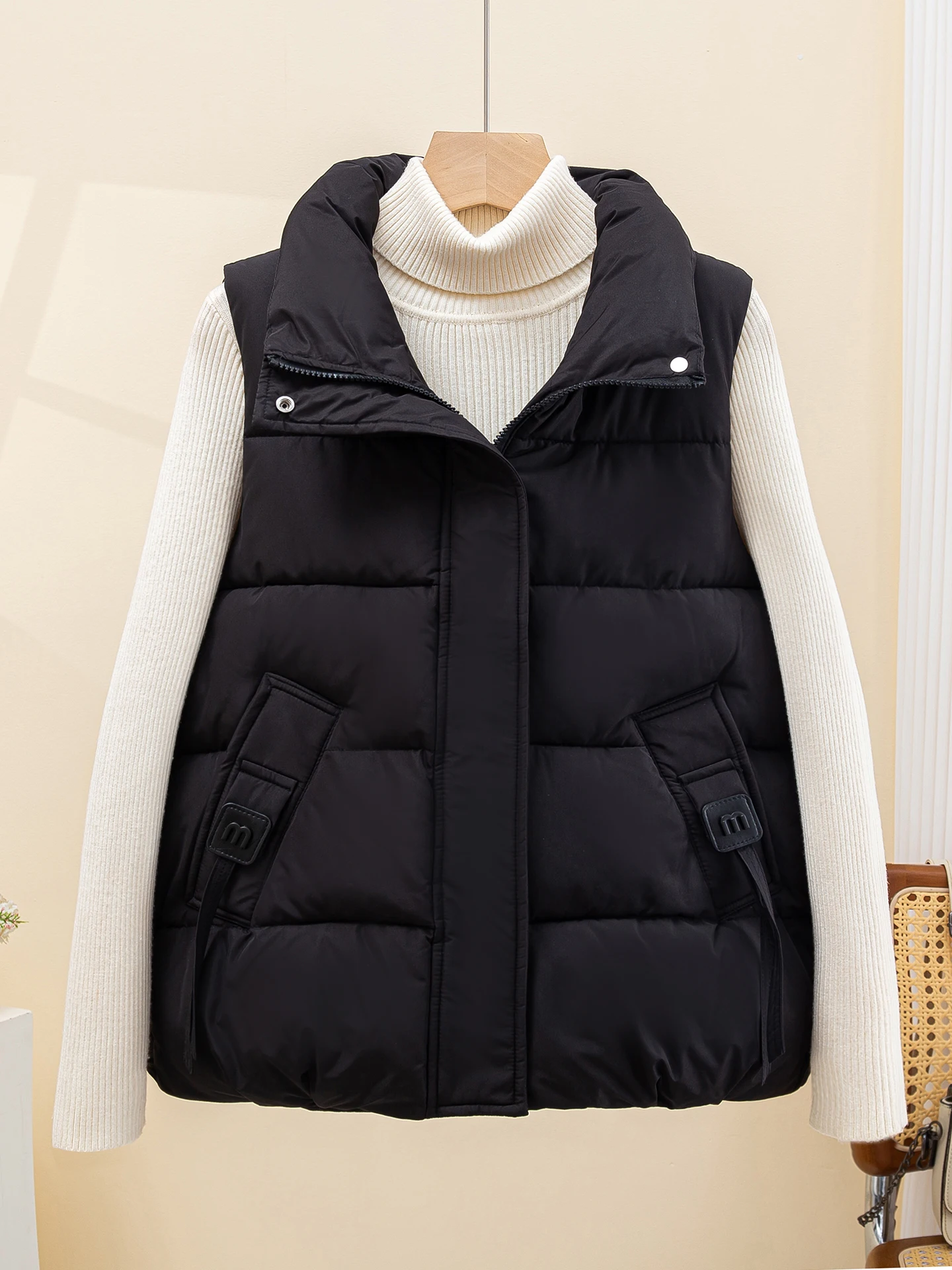 レディース ダウンコットンベスト ルーズフィット 秋冬ファッショナブルな中国風キルティングジャケット ポリエステル繊維ジッパー...