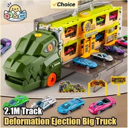 Deformation Ejection Dinosaur Carrier Truck 2.1M with 6 Alloy Cars Foldable Large Inertial Storage Container Toys for Kids Gifts