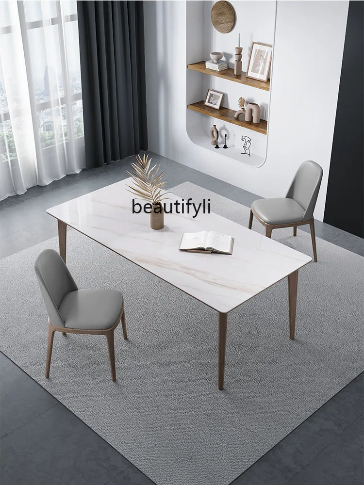 

Solid Wood Stone Plate Dining Table Household Modern Simple Bright White Stone Plate Dining Table