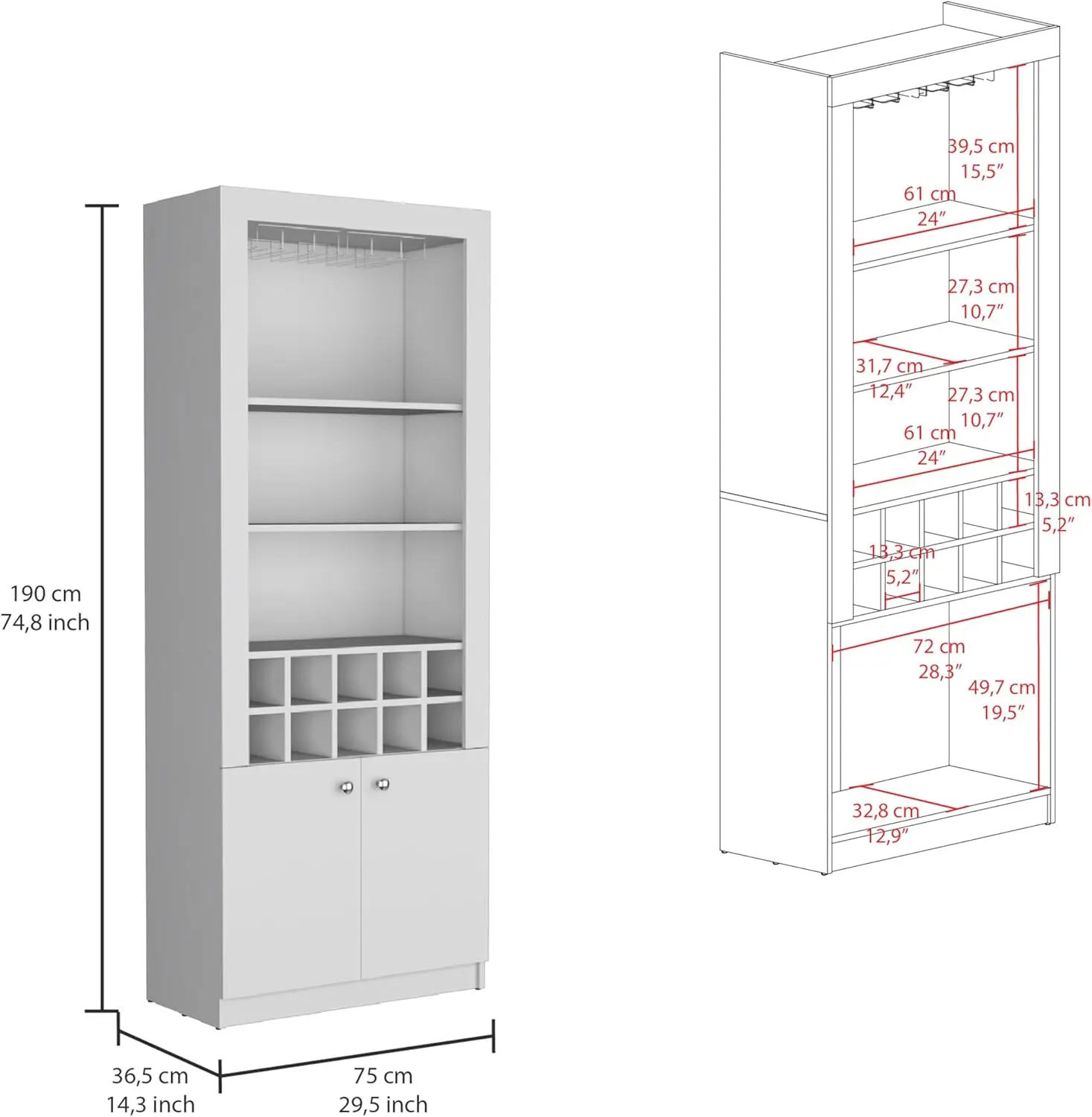 Modern 74-Inch Bar Cabinet - Wine Stemware Rack, 10 Bottle Storage & 4 Shelves