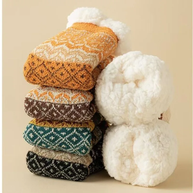 

Lambskin Floor Socks for Women Winter Thickened Fleece Warm Anti Slip Home Socks Ethnic Style Mid Tube Socks for Girls