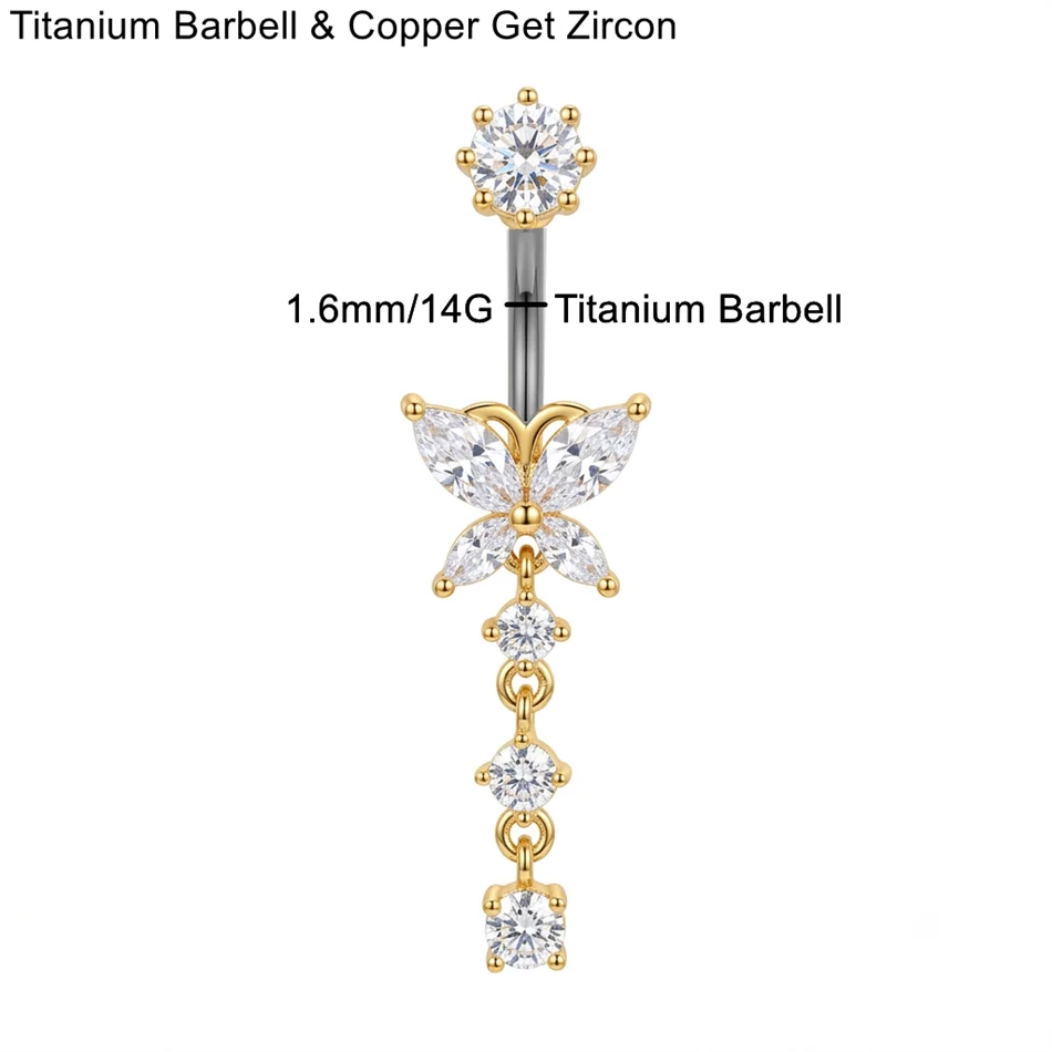 14G Titan Bauchnabelpiercing Barbell mit langen Anhängern, Bauchnabelringe mit Zirkonia-Blumen und Schmetterlingen, Bauchnabel-Curve für Damen, Körperschmuck