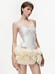 3D Flower Strapless Short Skirt Two Piece Set Fishbone Strap Adjustable Women Sexy Tube Top Mini Skirts Party Gown Spring Summer