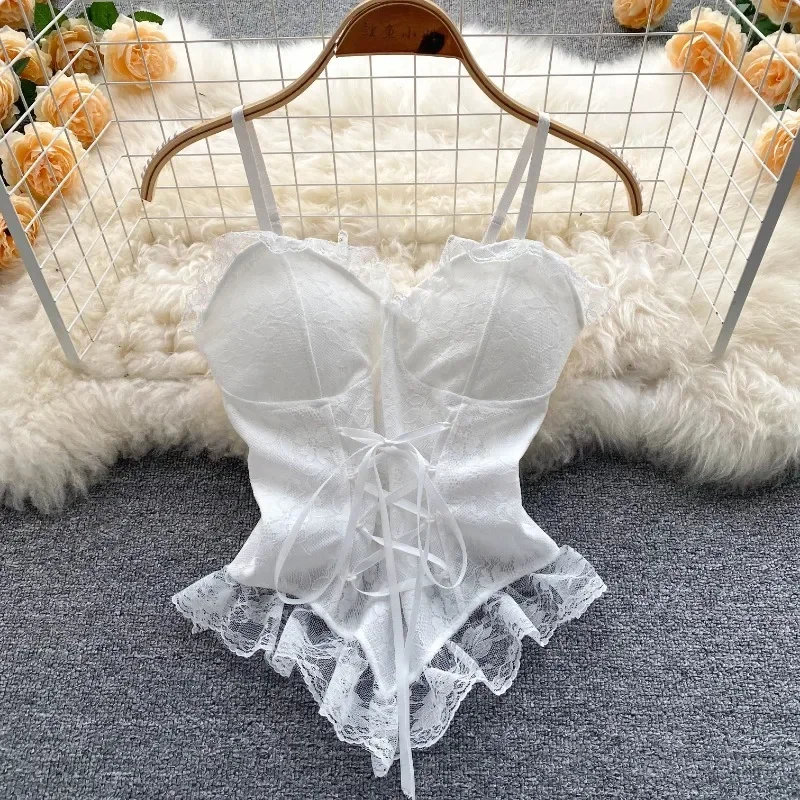 Vintage Lace Corset Bustier Women Spaghetti Straps Tanks and Camis Sexy Slim Crop Top Urban Chic Camisole Fashion Summer Clothes