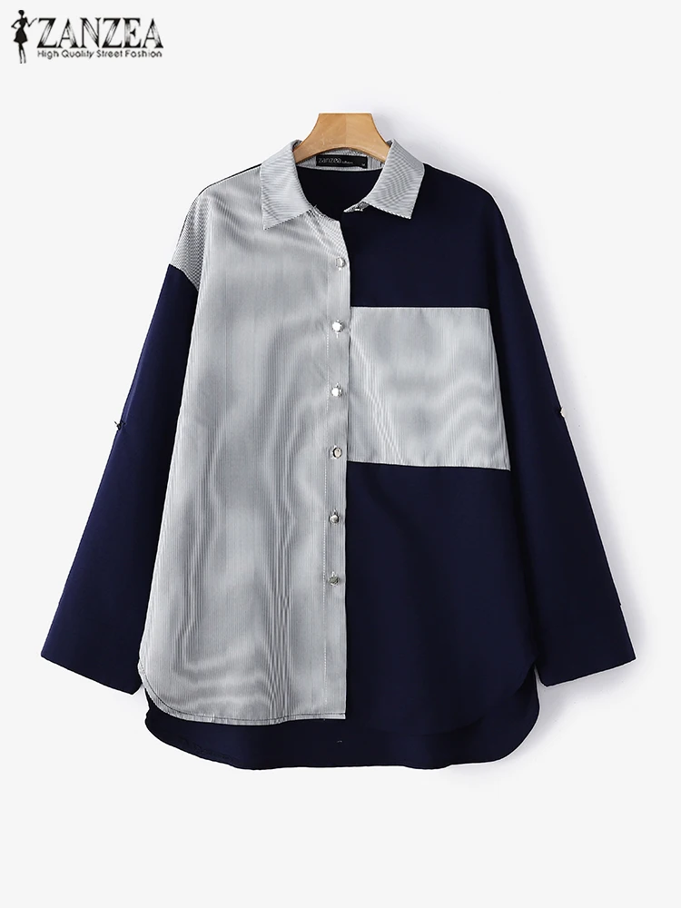 

ZANZEA 2025 Fashion Women Colorblock Tops Autumn Blouse Office Lady Oversized Shirts Casual Loose Pockets Lapel Collar Blusas