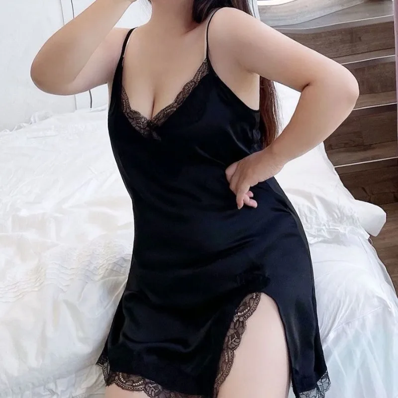 150kg Plus Size Sexy Lace Satin Suspender Nightgown Women Summer Negligee Thin Solid V-neck Sling Pajama Dress Loose Sleepwear view 4
