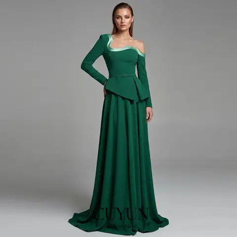 CUYUN Abito da Sera Formale Asimmetrico Monospalla Verde Smeraldo a Maniche Lunghe, Vestito Moderno da Festa, Abito da Cerimonia per Ospiti di Matrimonio