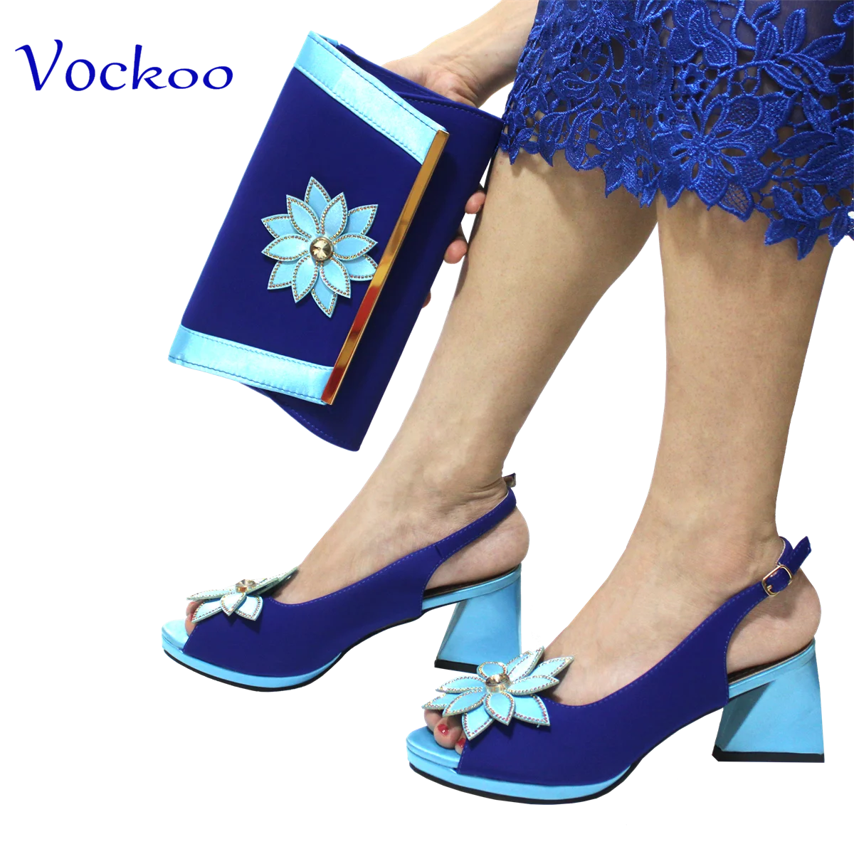 2024 New Arrivals Fashion Italian Design African Shoes and Bag to Match Comfortable Square Heels for Party in Royal Blue Color