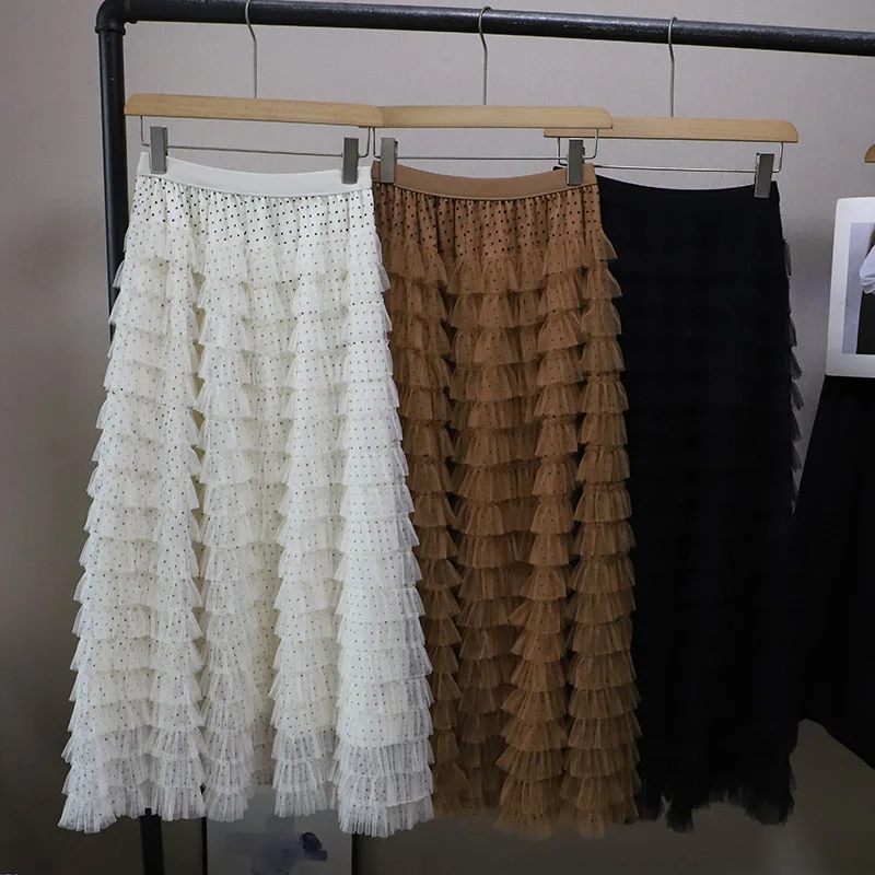 폴카 도트 미 스커트 여성용 A라인 스커트 봄 프렌 퍼프 레이어드 스커트 한국 스타일 하이 웨이스트 케이크 스커트