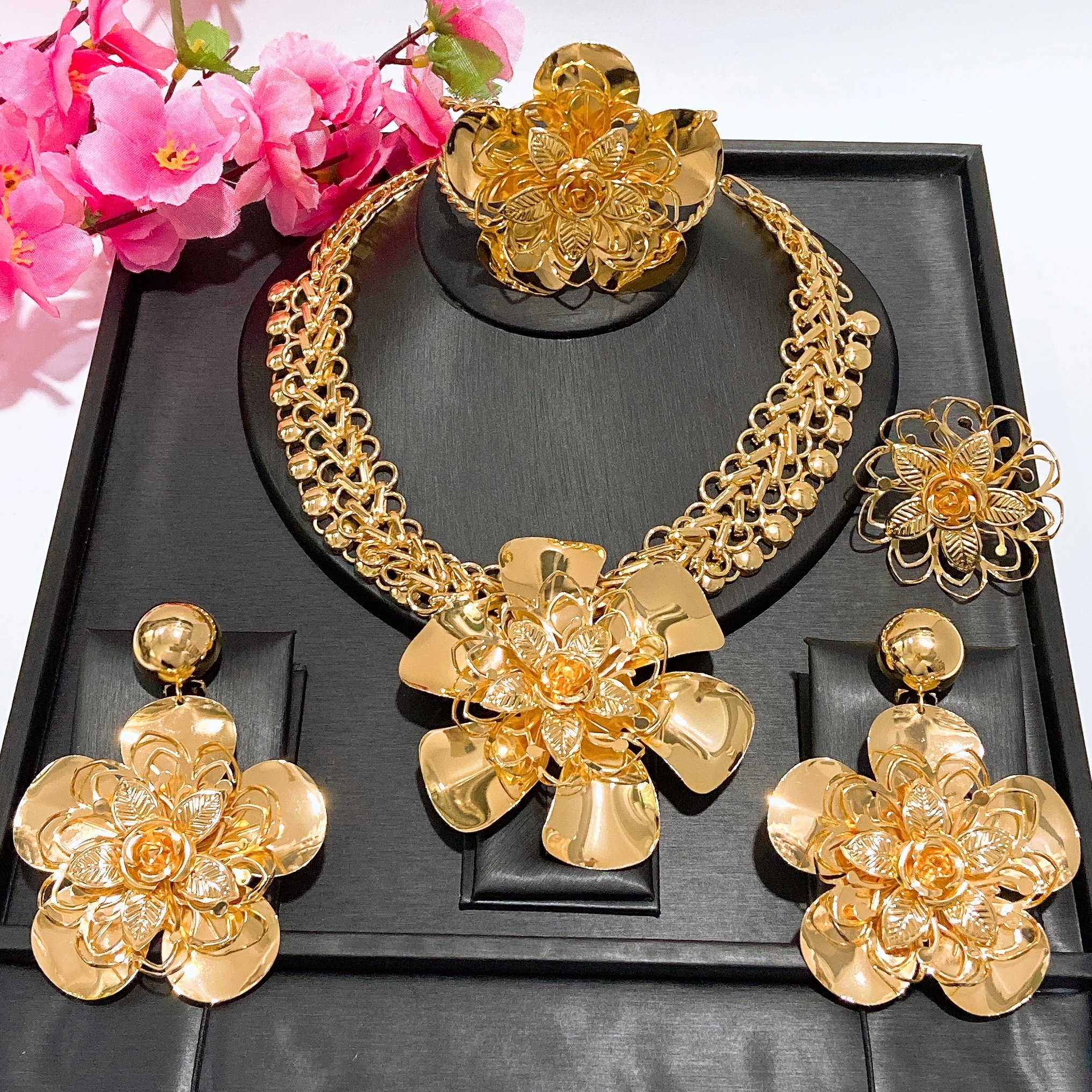 Luxury Golden Flower Crochet Jewelry Set Necklace Earrings Bracelet Brooch for Women Wedding Party Evening Accessories Hot Sale