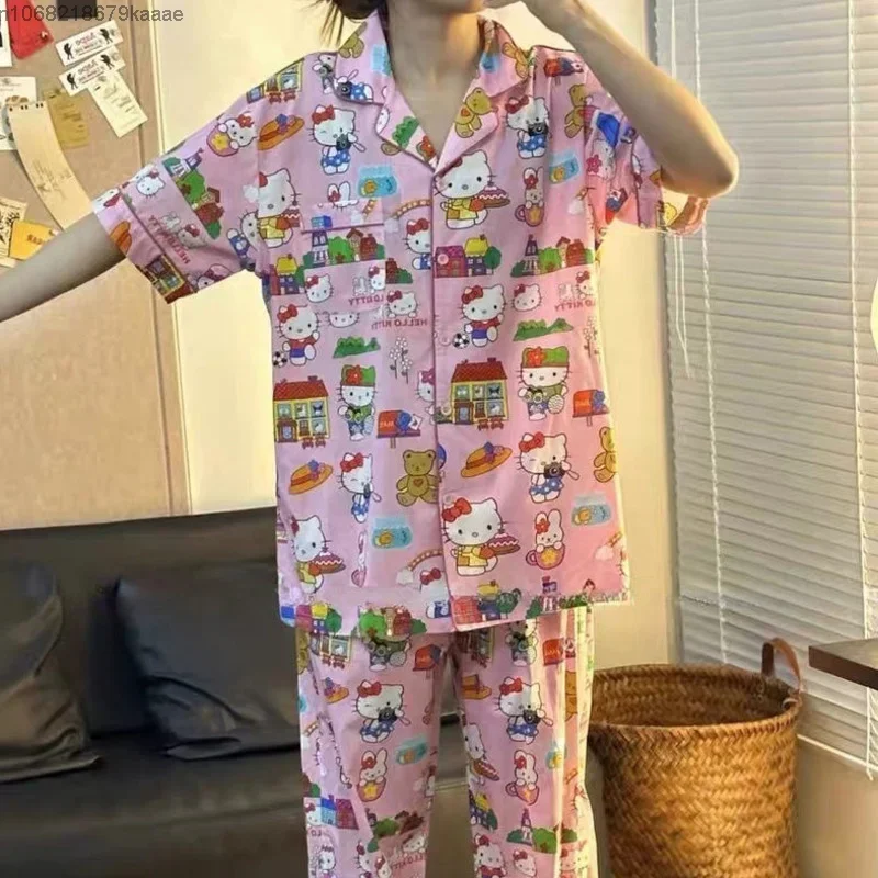 Sanrio Hello Kitty Home Clothes Kawaii Sweet Set Cartoon Short Sleeve Top Shirt Shorts Pants Women Pajamas Suit Y2k Sleepwear