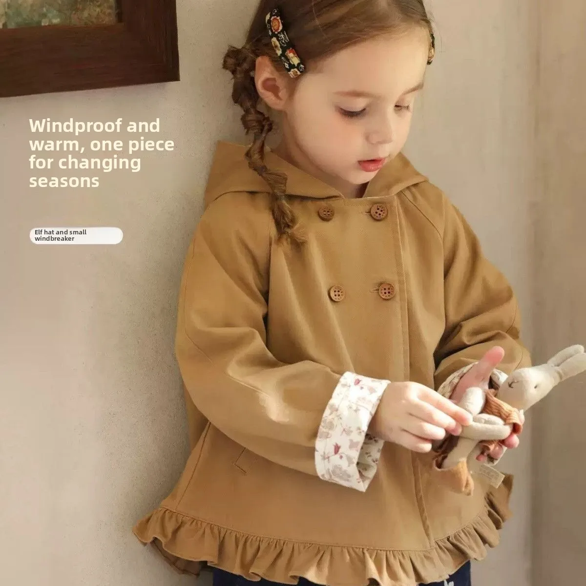 2026 New Girls Short Trench Coat, Spring Autumn Khaki Ruffled Outerwear With Floral Cotton Lining For Little Girls