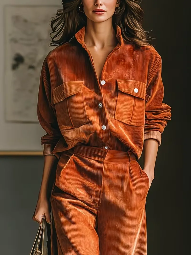 Cordhemd und -hose Set für Damen, Reverskragen, Knopfleiste, lange Ärmel, weit geschnittene Hose, lässiger Herbst-Trainingsanzug – Detail 4